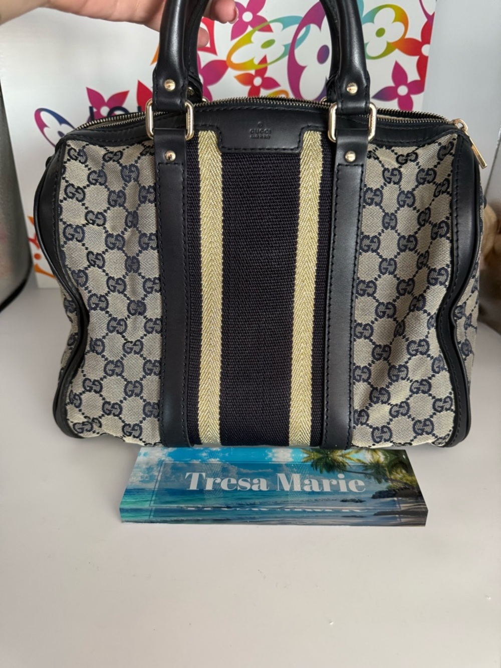 SOLD- Gucci Beige GG Canvas Satchel with Black and Yellow Stripe-s